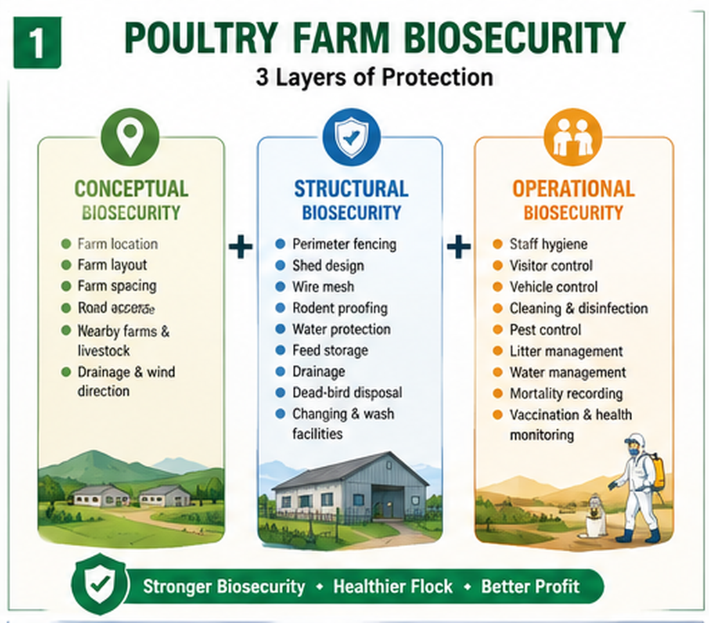 Three layers of poultry farm biosecurity: conceptual, structural and operational biosecurity