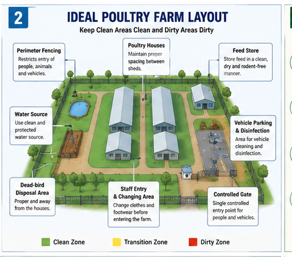 Poultry farm layout showing controlled entry, poultry houses, water source, feed storage, vehicle area and dead-bird disposal area