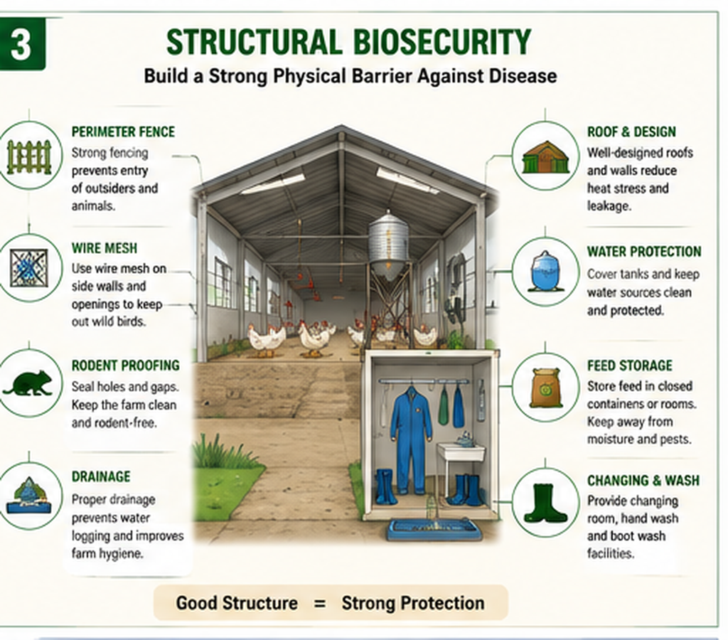 Structural poultry farm biosecurity measures including fencing, wire mesh, rodent proofing, water protection, drainage and changing facilities