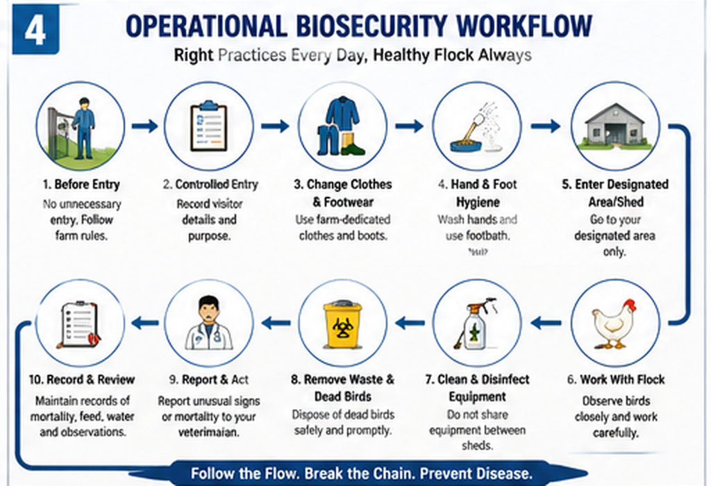 Operational poultry biosecurity workflow covering controlled entry, clothing, hygiene, flock work, cleaning, waste disposal and record keeping