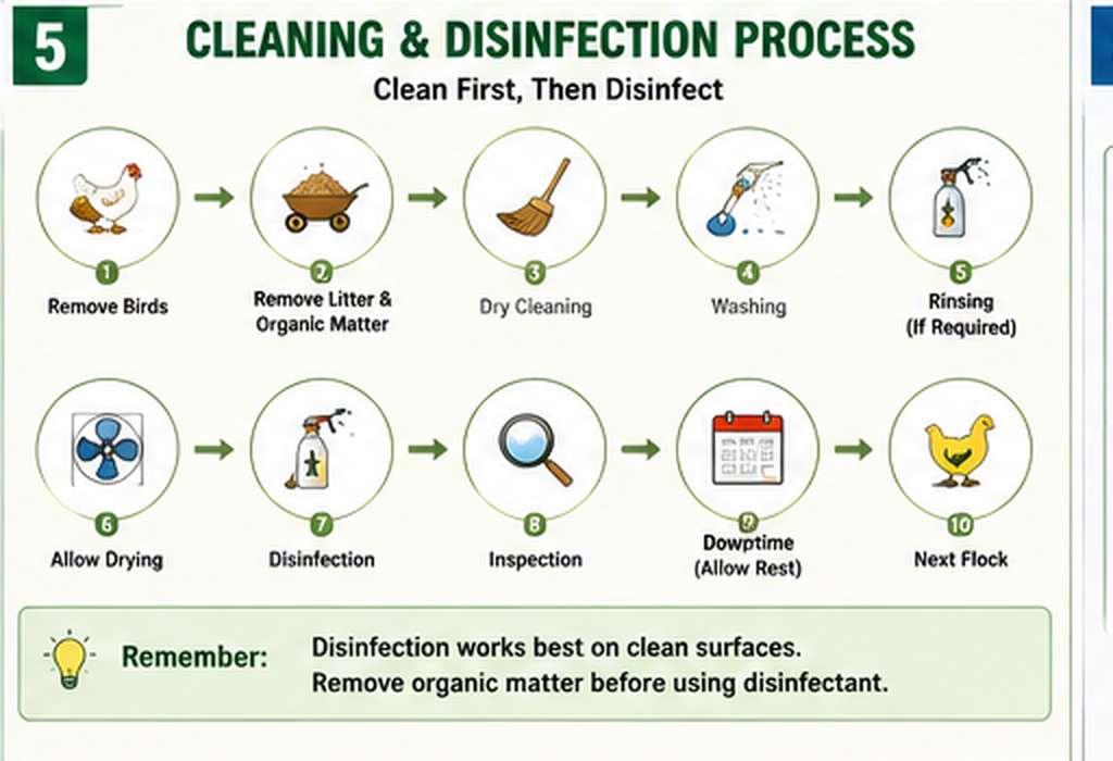 Poultry house cleaning and disinfection process from bird and litter removal through washing, drying, disinfection and inspection