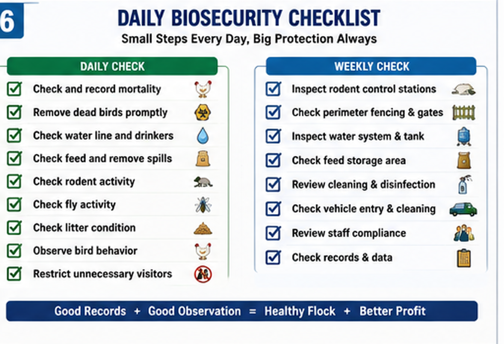 Daily and weekly poultry farm biosecurity checklist covering mortality, water, feed, rodents, flies, fencing, cleaning and staff compliance