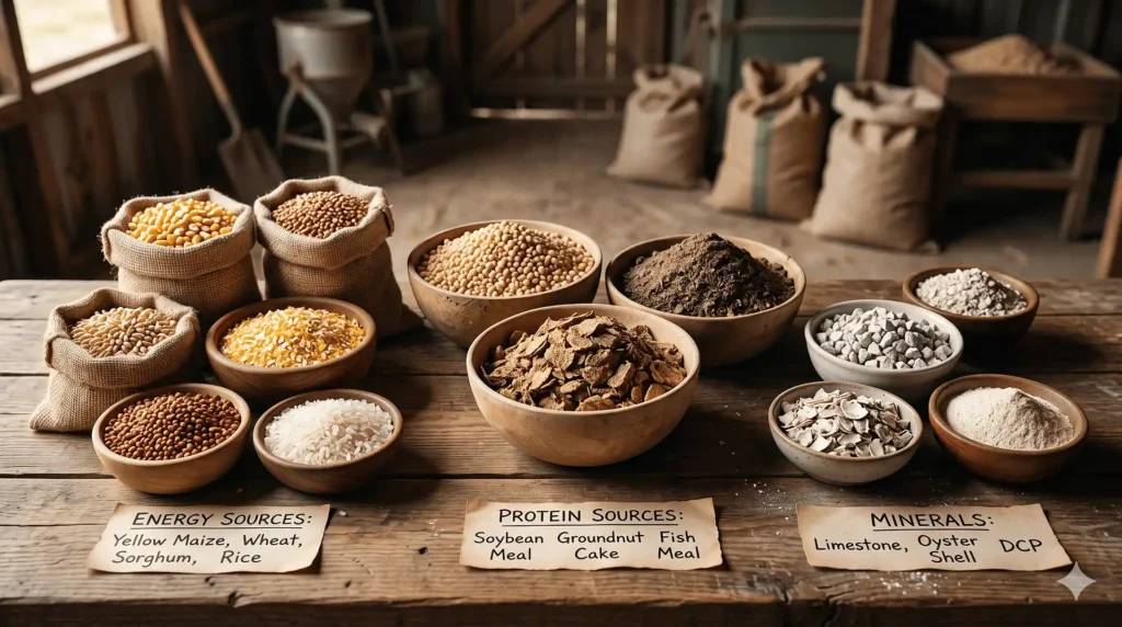 Energy, protein and mineral ingredients used in poultry feed