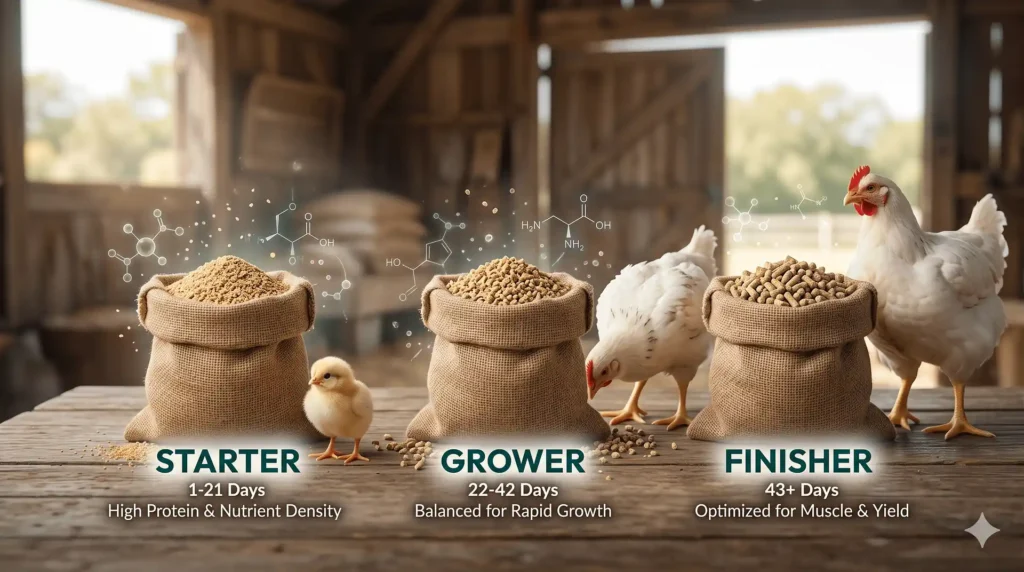 Broiler feeding stages: starter 1–21 days, grower 22–42 days, finisher 43+ days