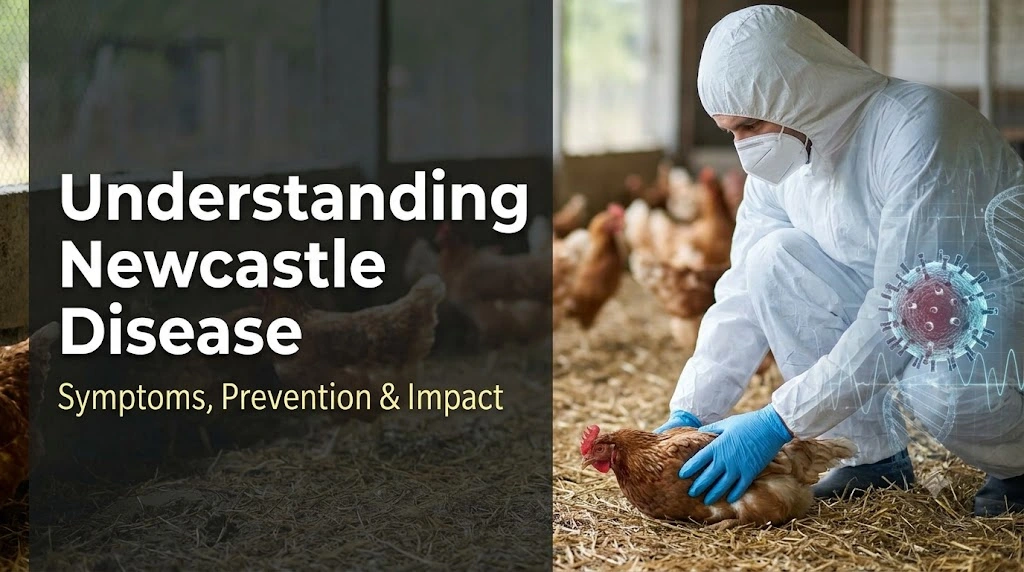 Veterinarian in protective suit, mask and gloves examining a hen on a poultry farm for Newcastle disease