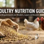 Poultry nutrition guide featuring broiler chickens, a laying hen and poultry feed ingredients