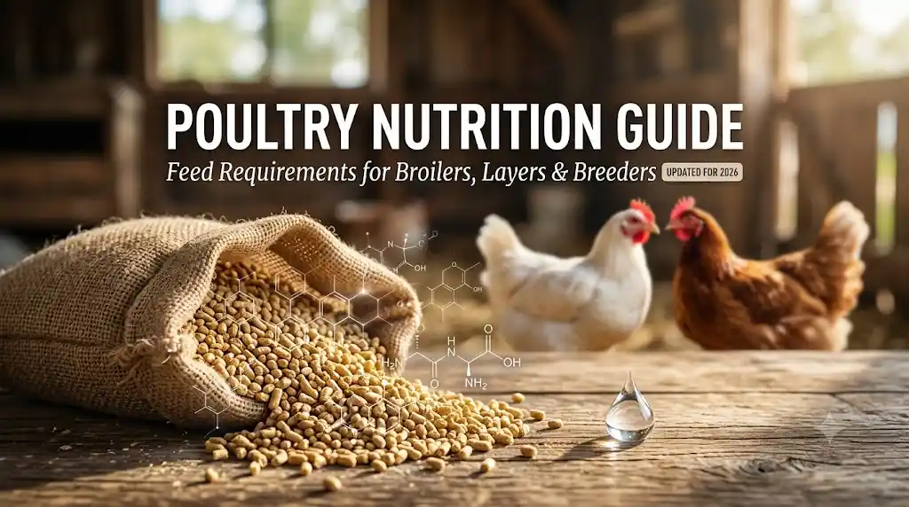 Poultry nutrition guide featuring broiler chickens, a laying hen and poultry feed ingredients
