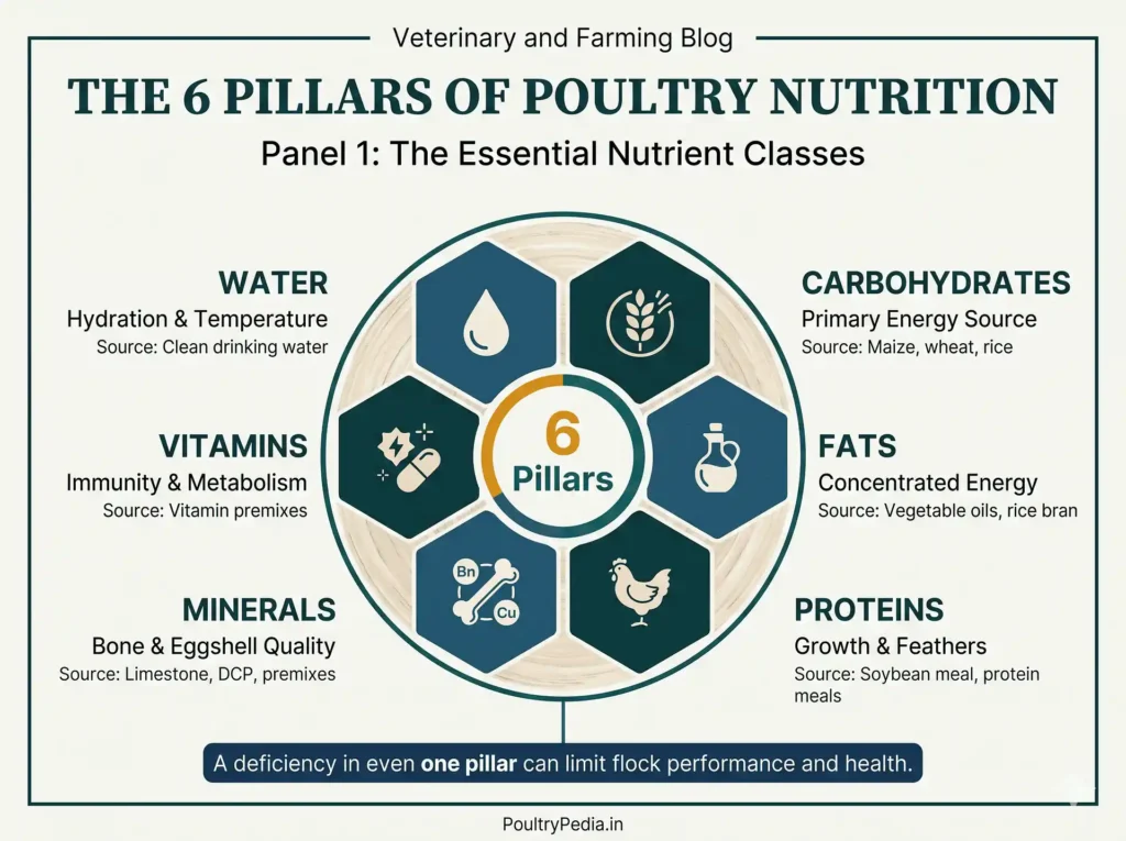 The six nutrient classes in poultry nutrition: water, carbohydrates, fats, proteins, minerals and vitamins.